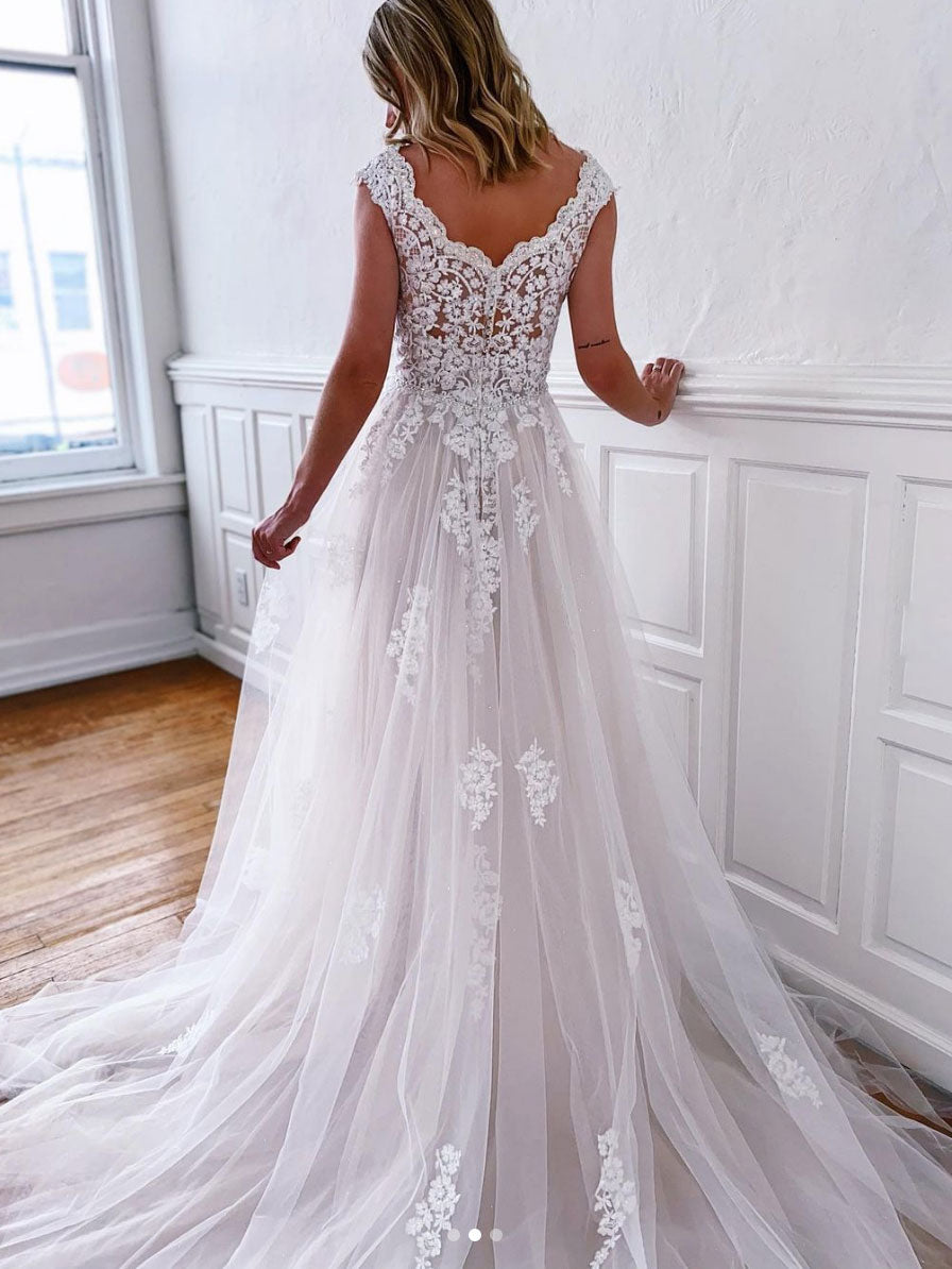 White V-Neck Tulle Lace Long Prom Dress White Lace Evening Dress