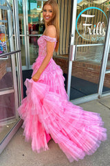 Off-the-shoulder Girly Pink Ruffle Tulle Material Long Elegant Prom Dress with Delicate Appliques