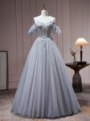 A-Line Gray Blue Tulle Sequin Beaded Long Prom Dress Gray Blue Evening Dress