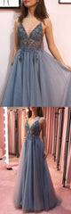 Gray V-Neck Tulle Beaded Long Prom Dress Gray Tulle Formal Dress