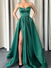 Simple Green Satin Long Prom Dress Green Bridesmaid Dress