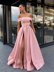 Simple A-Line Pink Satin Long Prom Dress Pink Evening Dress