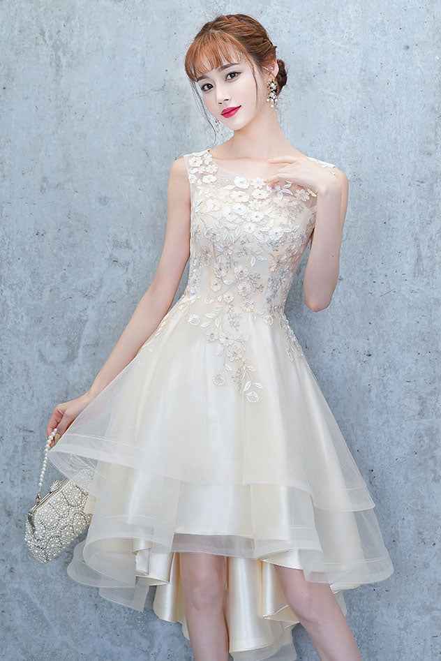 Champagne Tulle Lace High-Low Prom Dress Homecoming Dress