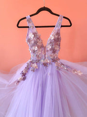 Purple Tulle Lace V-Neck Long Prom Dress Purple Evening Dress