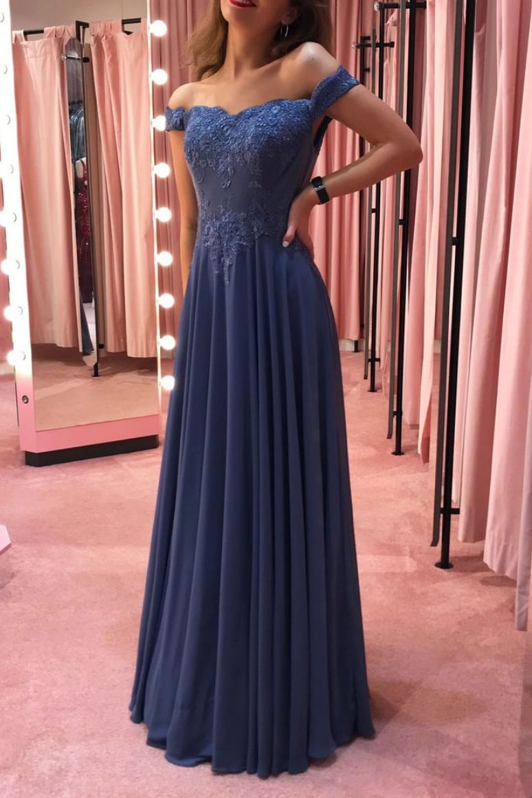 Blue Off-Shoulder Chiffon Lace Long Prom Dress Blue Formal Dress