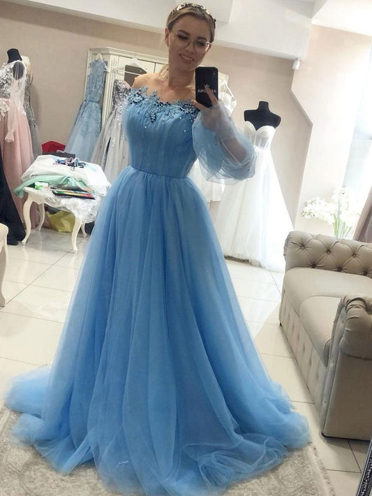 Blue Round Neck Tulle Lace Long Prom Dress Blue Evening Dress