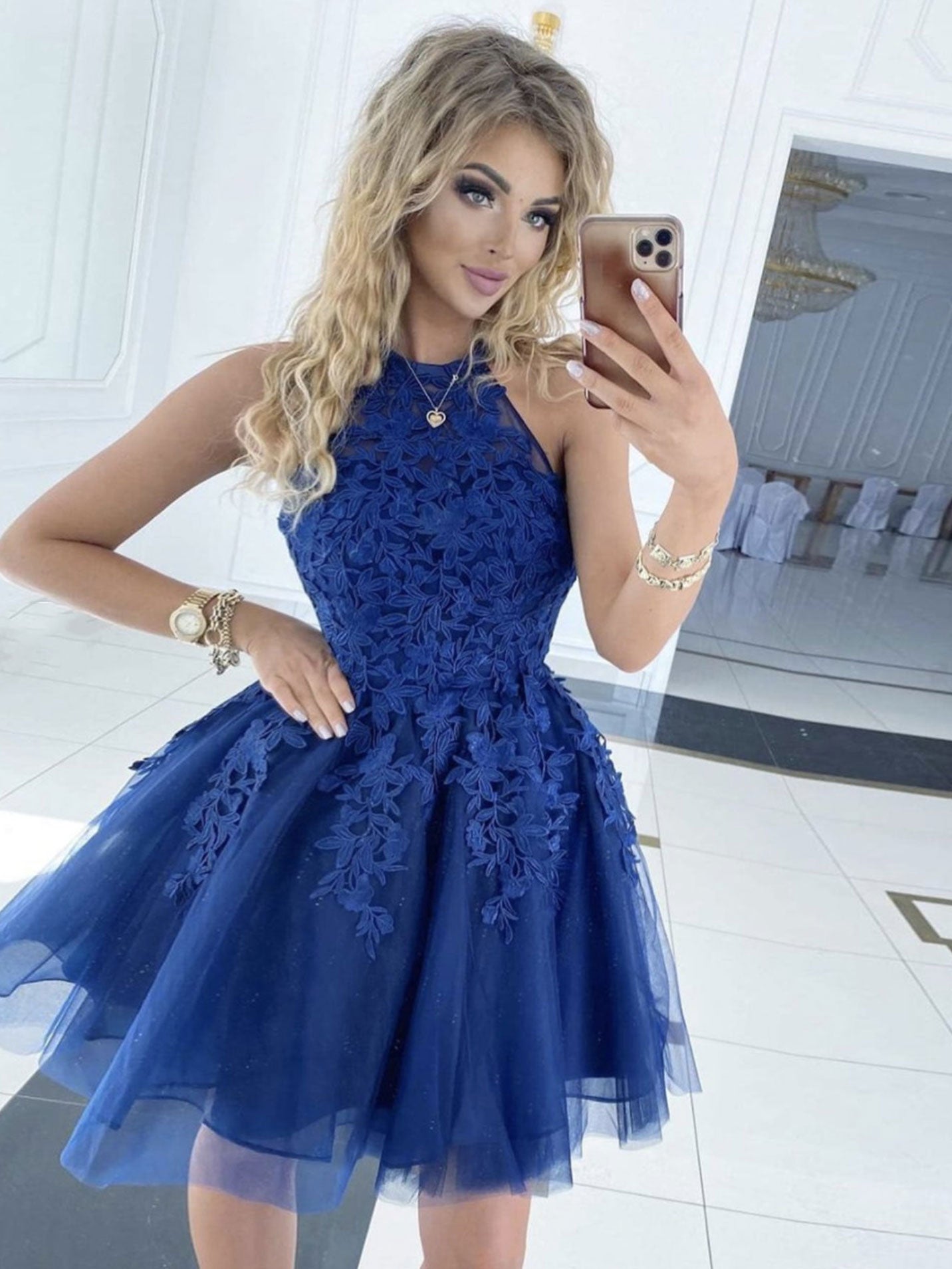 Blue Tulle Lace Short Prom Dress Blue Lace Homecoming Dress