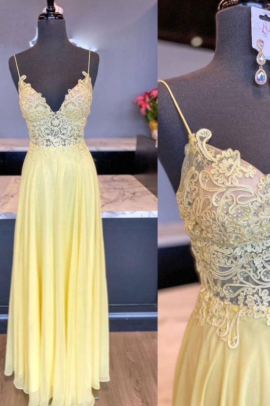 Yellow V-Neck Chiffon Lace Long Prom Dress Yellow Evening Dress