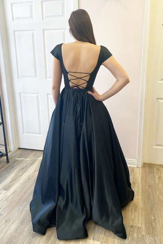 Simple Black Satin Long Prom Dress Black Satin Evening Dress