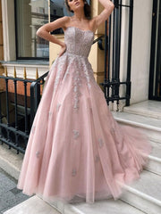 Pink Tulle Lace Long Prom Dress Pink Tulle Lace Evening Dress