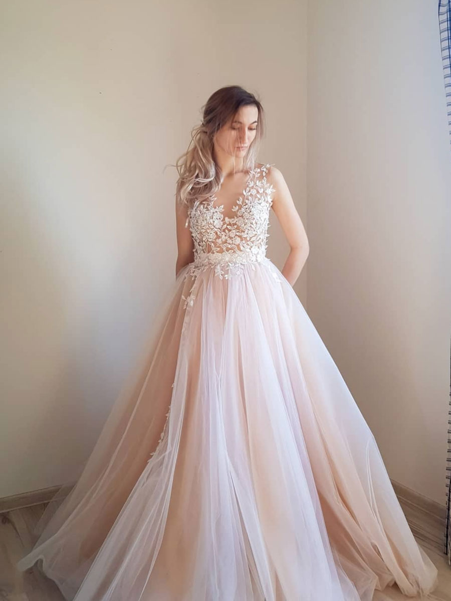 Light Pink Tulle Lace Long Prom Dress Pink Tulle Formal Dress