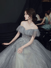 Gray Tulle Off-Shoulder Long Prom Dress Gray Tulle Formal Dress