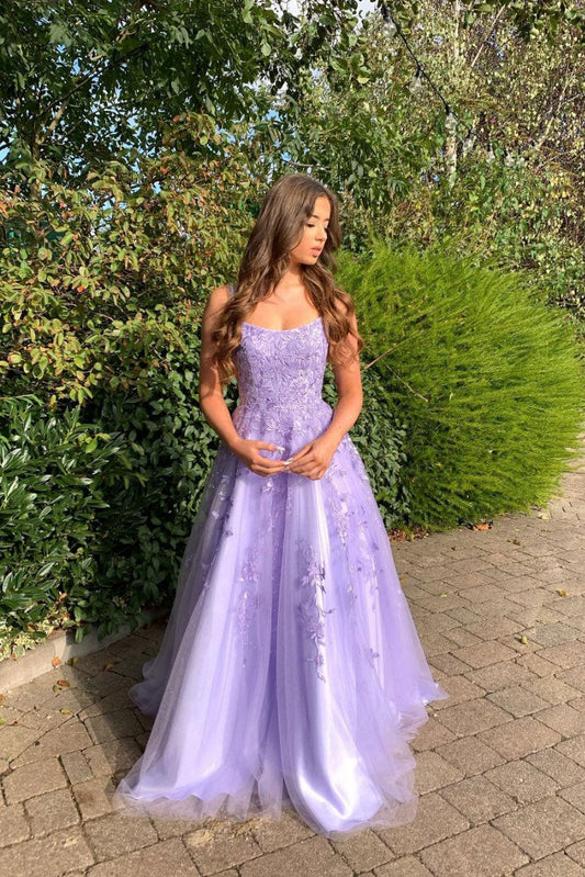 Purple Tulle Lace Long Prom Dress Purple Evening Dress