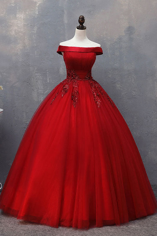 Burgundy Tulle Off-Shoulder Long Prom Dress Burgundy Formal Dress