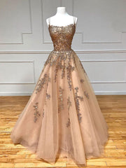 Champagne Tulle Lace Long Prom Dress Backless Champagne Graduation Dress