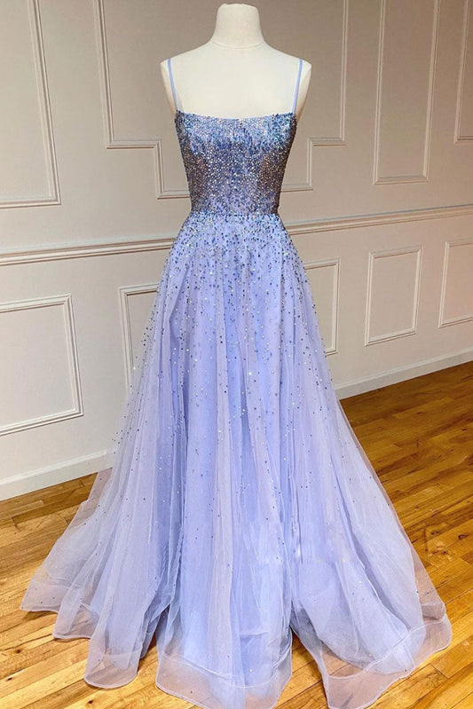 Purple Tulle Sequin Long Prom Dress Sequin Evening Dress