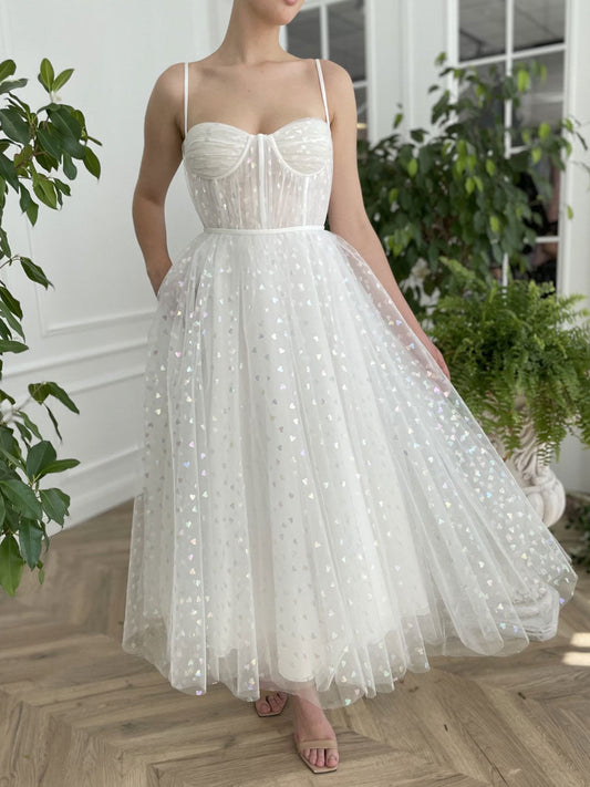 White Sweetheart Neck Tulle Tea-Length Prom Dress White Evening Gown