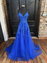 Blue V-Neck Tulle Lace Long Prom Dress Blue Tulle Formal Gown