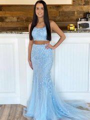 Blue Tulle Long Mermaid Evening Dress Two-Piece Blue Prom Dress