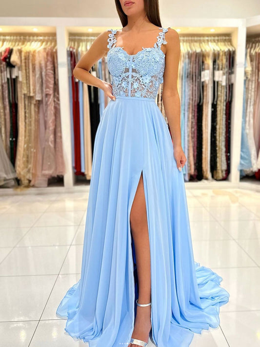 Blue A-Line Chiffon Lace Long Prom Dress Blue Chiffon Long Formal Dress