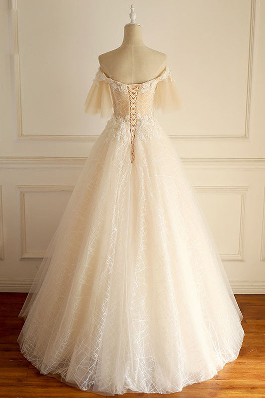 Champagne Tulle Lace Long Prom Dress Champagne Tulle Wedding Dress