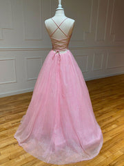 Pink A-Line V-Neck Tulle Long Prom Dress Pink Evening Dress