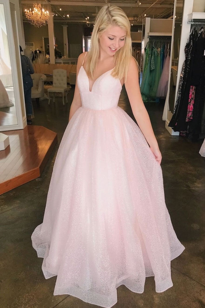 Pink V-Neck Tulle Long Prom Dress Pink Tulle Formal Dress