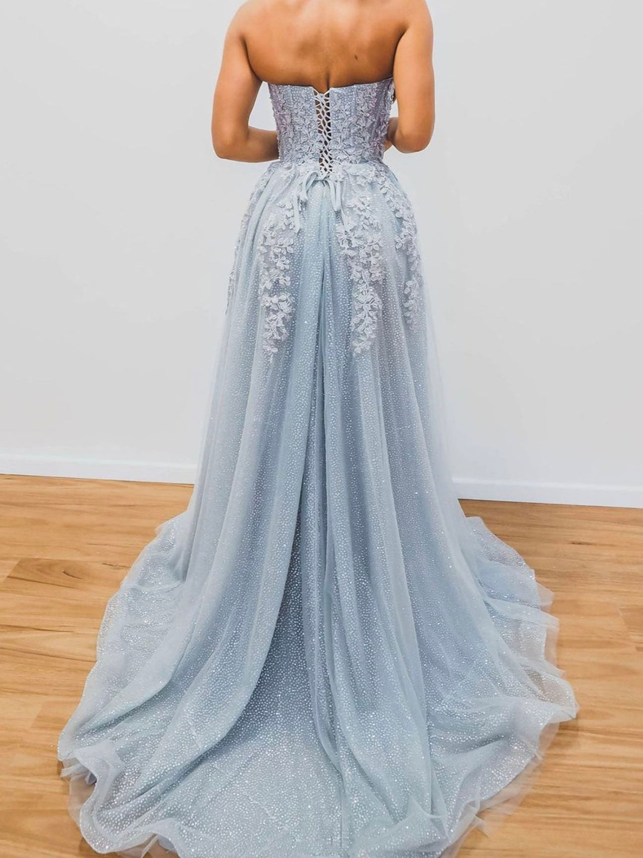 Gray Blue Tulle Sequin Long Prom Dress Gray Blue Tulle Evening Dress