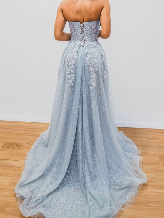 Gray Blue Tulle Sequin Long Prom Dress Gray Blue Tulle Evening Dress