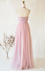 Pink Tulle Lace Long Prom Dress Pink Tulle Lace Evening Dress