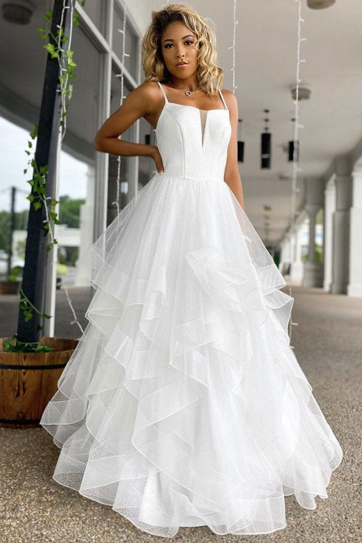 White Tulle Sequin Long Prom Dress White Evening Gown