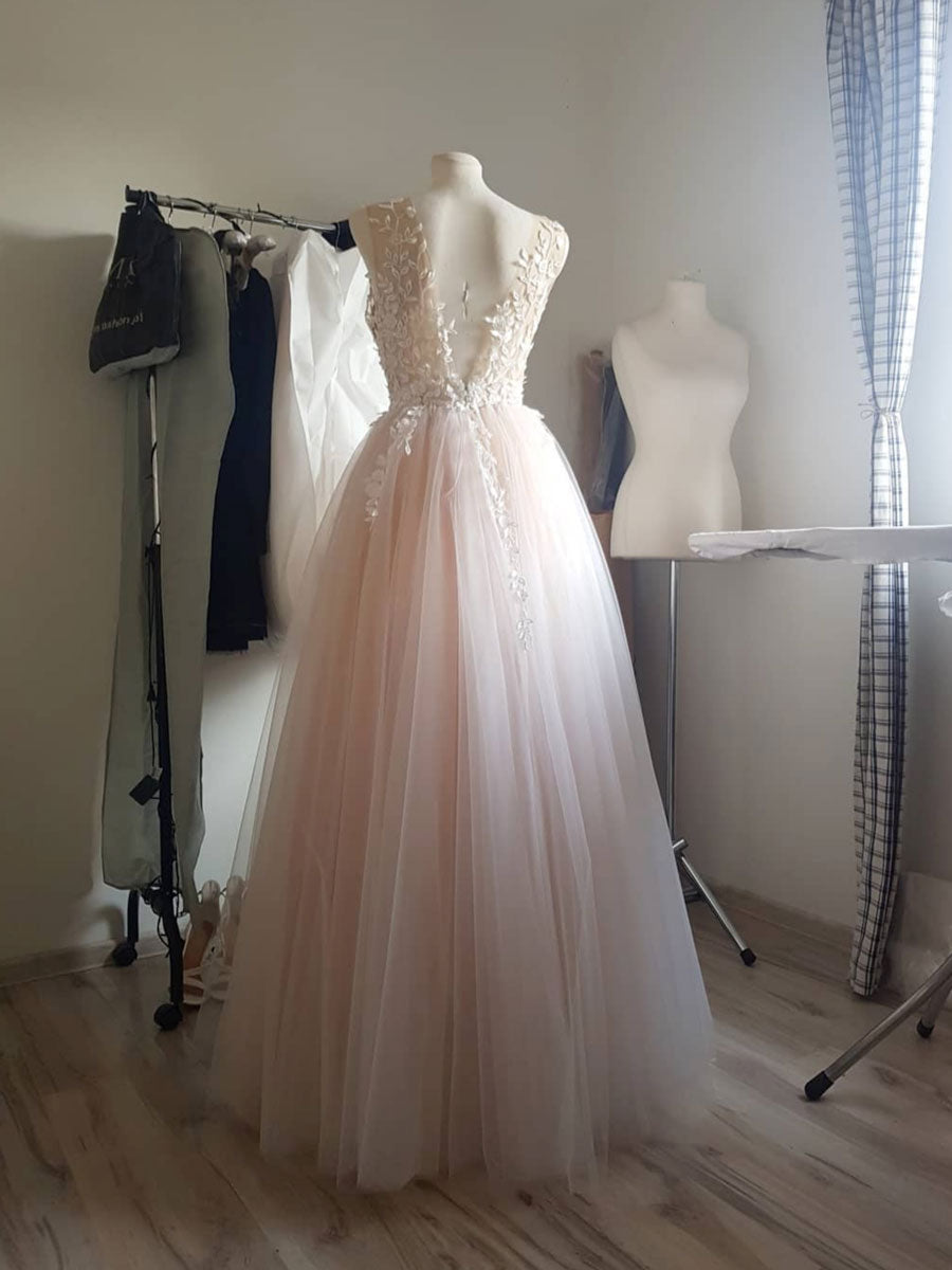 Light Pink Tulle Lace Long Prom Dress Pink Tulle Formal Dress