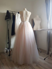 Light Pink Tulle Lace Long Prom Dress Pink Tulle Formal Dress