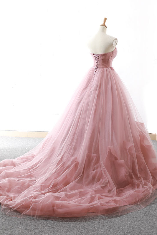 Pink Sweetheart Tulle Long Prom Gown Tulle Evening Dress