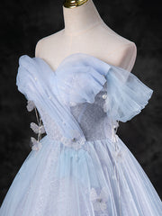 A-Line Sweetheart Neck Off-Shoulder Tulle Gray Blue Long Prom Dress Blue Formal Gown