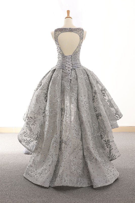 Gray Tulle Lace High-Low Prom Dress Lace Homecoming Dress