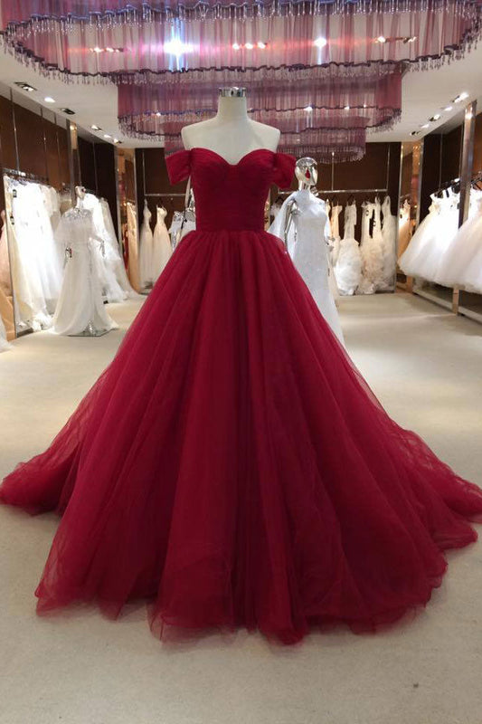 Burgundy V-Neck Tulle Long Prom Dress Burgundy Evening Dress