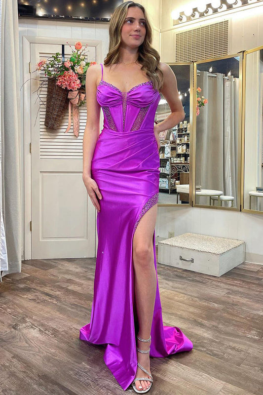 Olive Dressystars  Purple Chic Sweetheart Collar Satin Mermaid Long Prom Dresses with Split Design