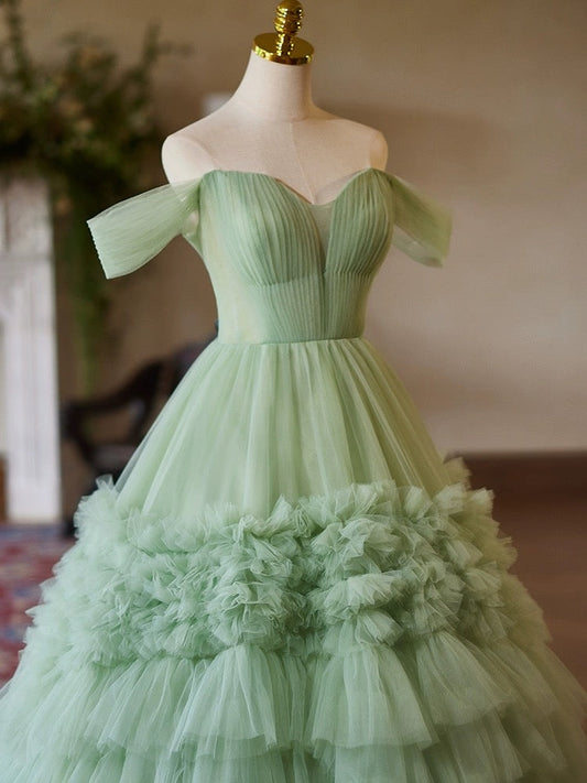 A-Line Off-Shoulder Tulle Green Long Prom Dress Green Long Sweet 16 Dress