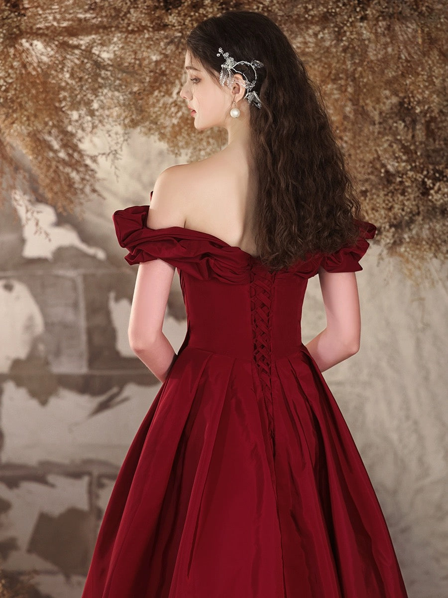 A-Line Off-Shoulder Satin Burgundy Long Prom Dress