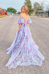 Pink Blue Flower Floral Off the Shoulder Long Prom Dress