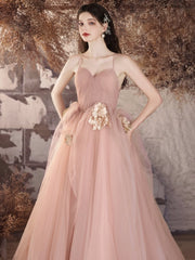 A-Line V-Neck Tulle Flower Pink Long Prom Dress Pink Long Evening Gown