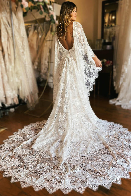 Dramatic Ivory Long Sleeve Cape Lace Mermaid Wedding Dress with Appliques