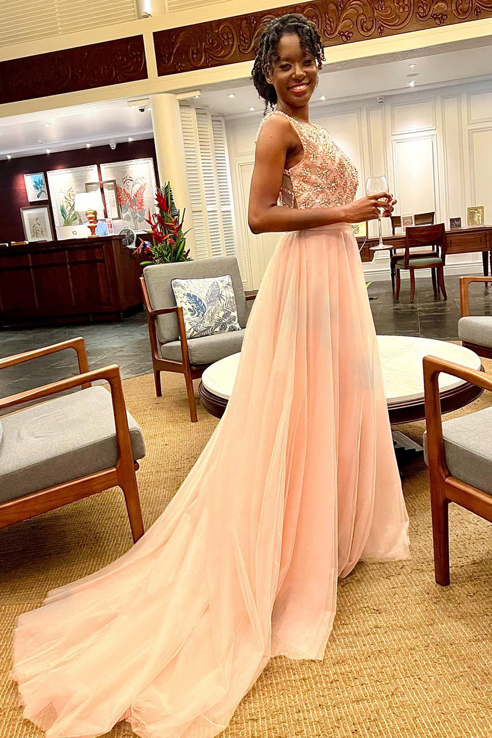 Sparkly Beaded Long Tulle Bridesmaid Prom Dress