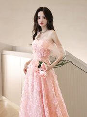 A-Line Off-Shoulder Tulle Lace Pink Long Prom Dress Pink Long Formal Dress