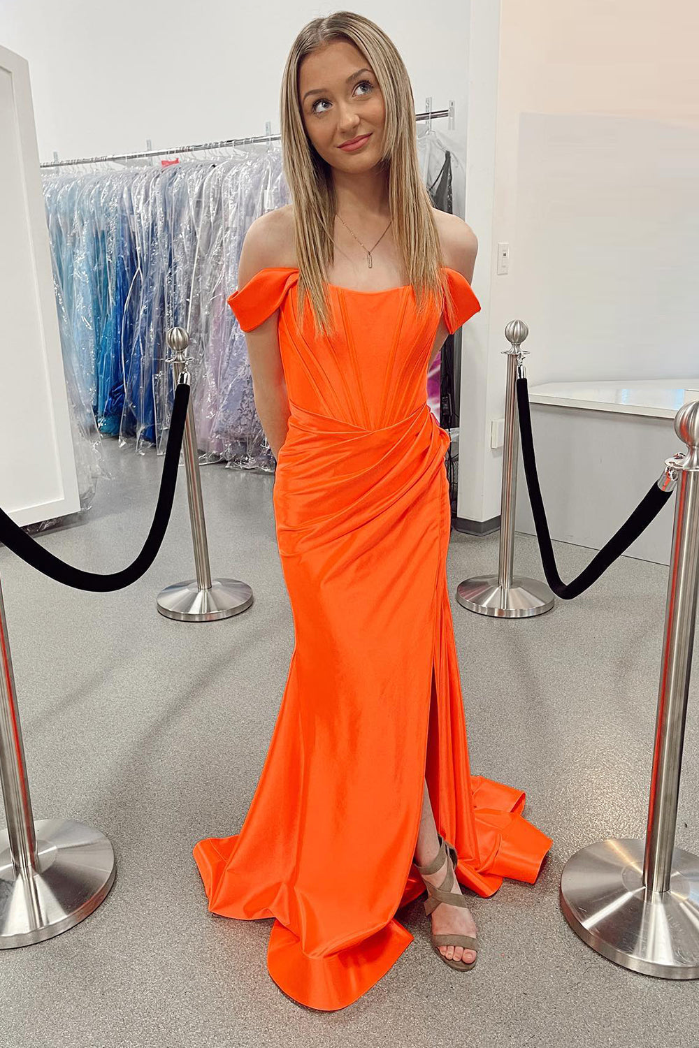 Orange Corset Off the Shoulder Long Prom Dress with Slit