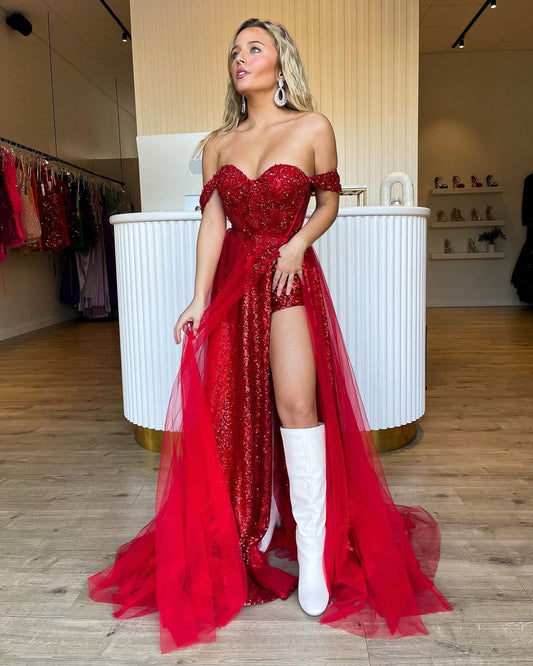 Ashlee Dressystars ?Shiny Tow Piece Off the Shoulder Red Sequin Material  Long Prom Dresses