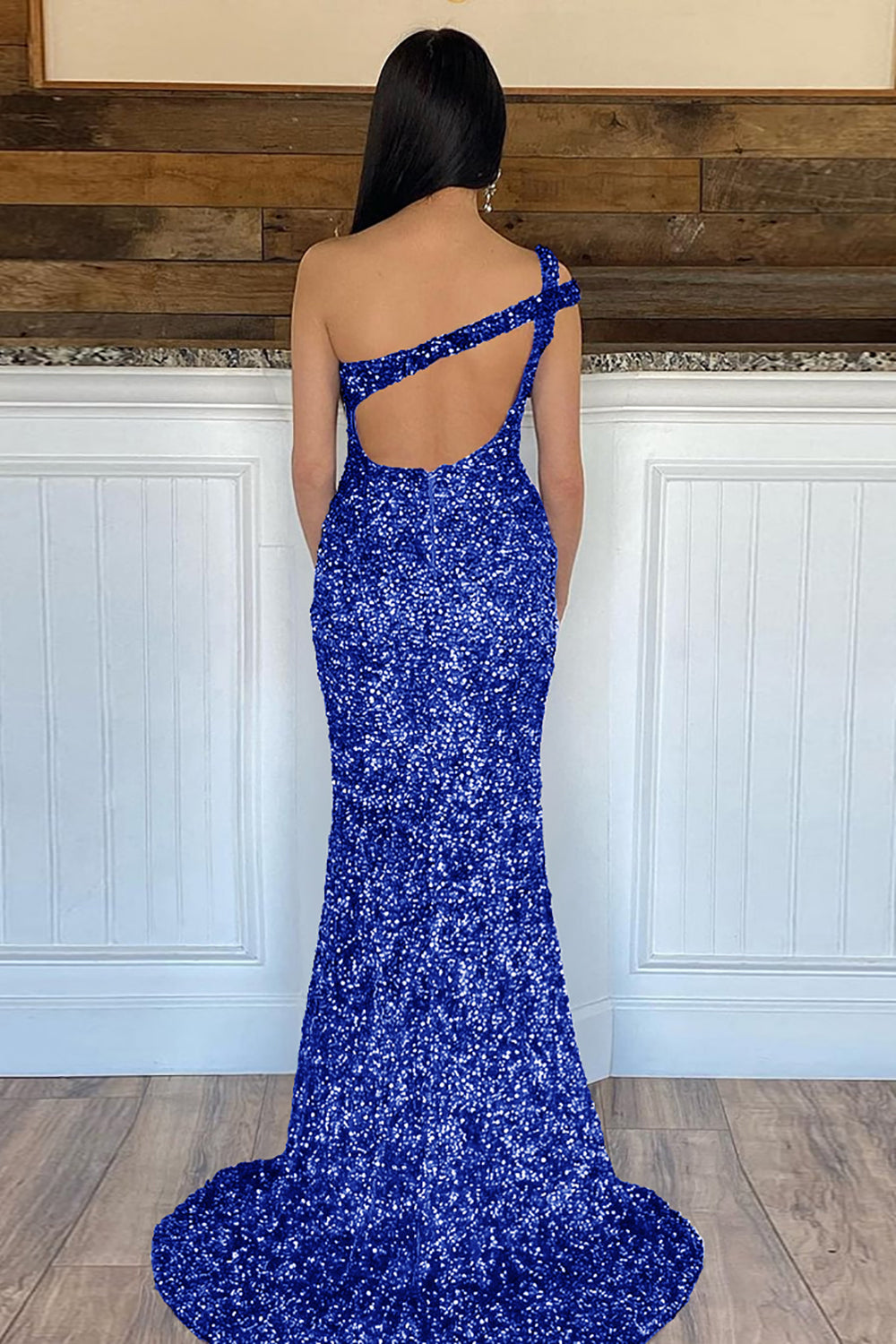 Mermaid One Shoulder Dark Purple Sequins Long Prom Dress