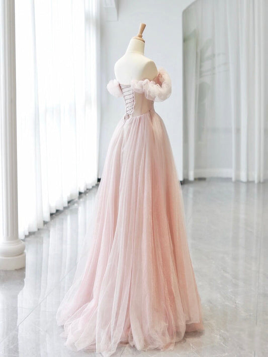 A-Line Sweetheart Neck Off-Shoulder Tulle Pink Long Prom Dress Pink Long Formal Dress