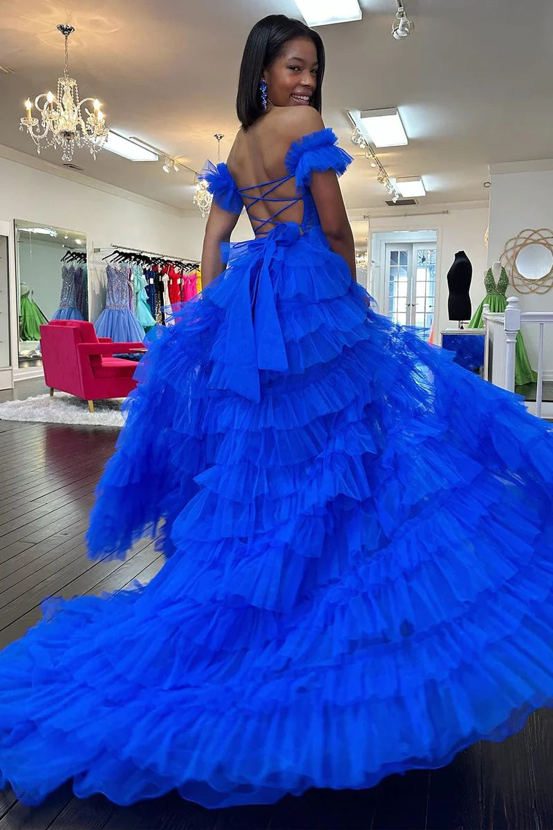 Adalynn Dressystars  Royal Blue Off the Shoulder Ruffle Tiered Tulle Material Long Prom Dresses with Split Design